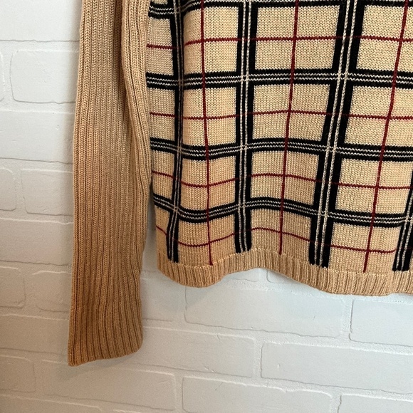 Vintage Knit Sweater Burberry vibe Old money Wool blend Plaid Tan/Black/Red S - Picture 6 of 15